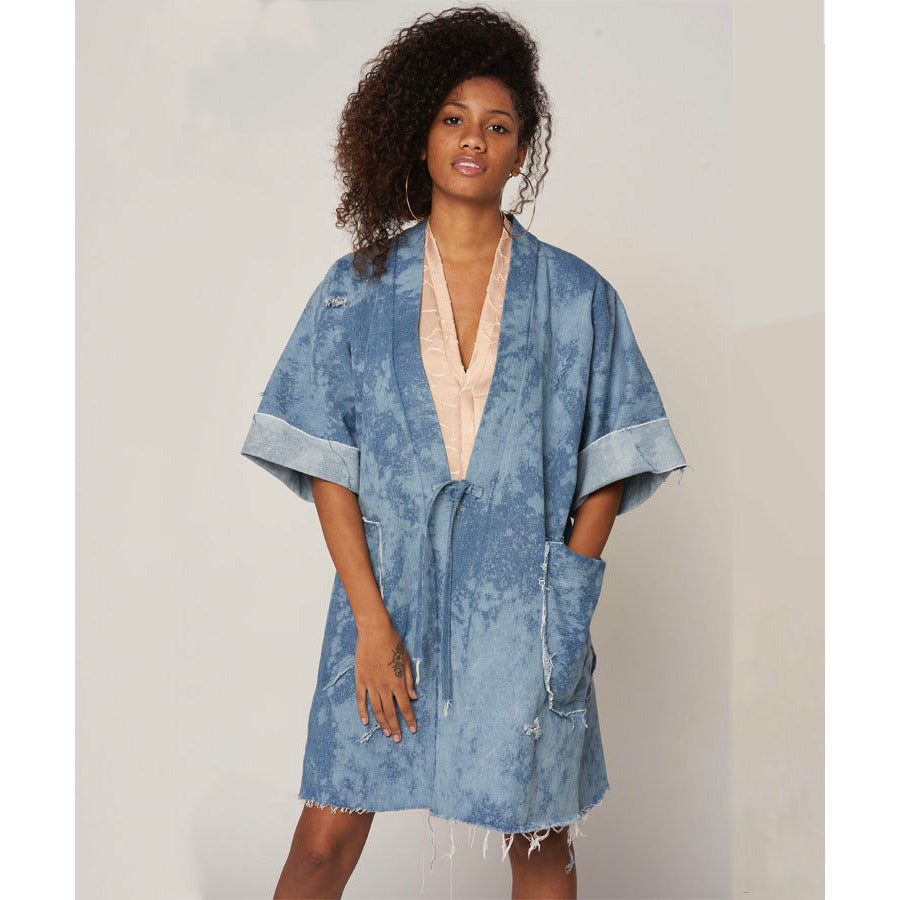 denim kimono dress Iro Paris Liera Acid Wash Denim Kimono Dress In Blue - 50% Off